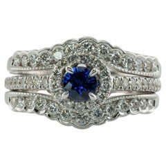 Vintage Diamond Sapphire Ring 14K White Gold Band Set Engagement Wedding