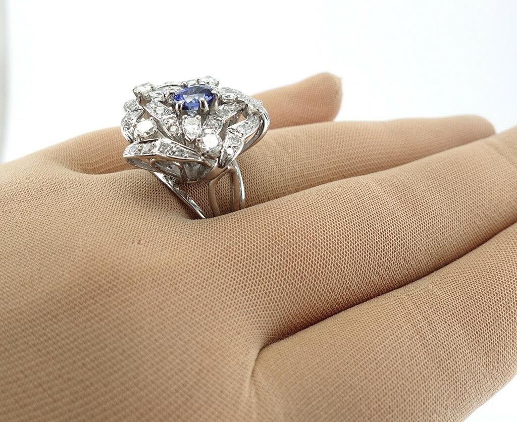 Diamond Sapphire Ring 14K White Gold Cocktail Vintage For Sale 5