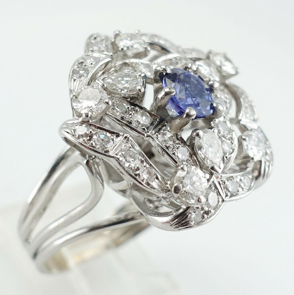 Oval Cut Diamond Sapphire Ring 14K White Gold Cocktail Vintage For Sale