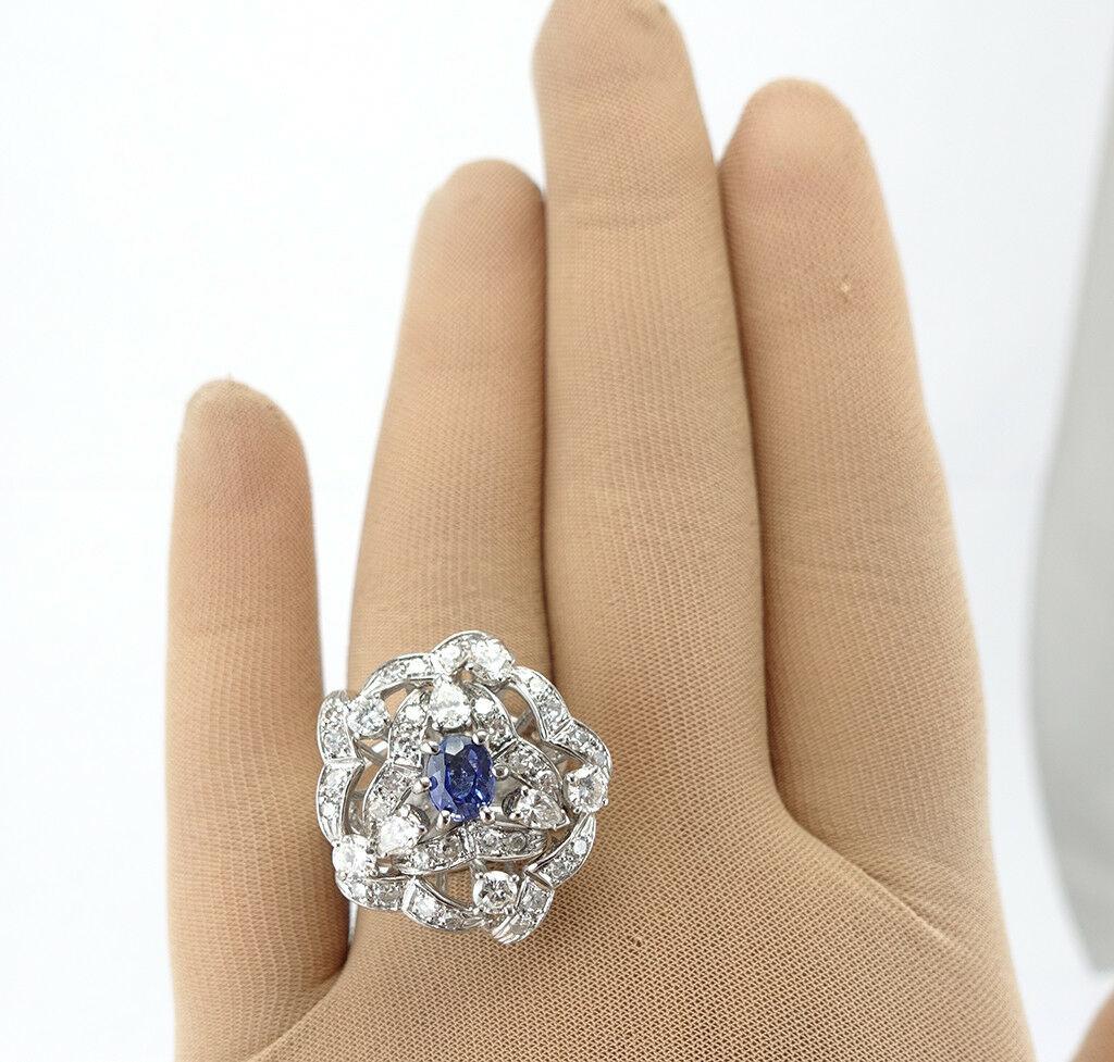 Women's Diamond Sapphire Ring 14K White Gold Cocktail Vintage For Sale