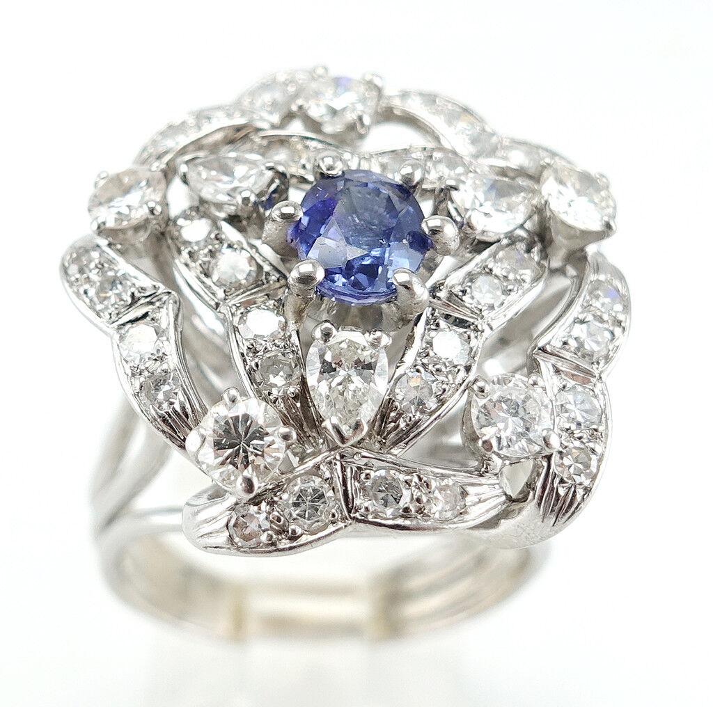 Diamond Sapphire Ring 14K White Gold Cocktail Vintage For Sale 2
