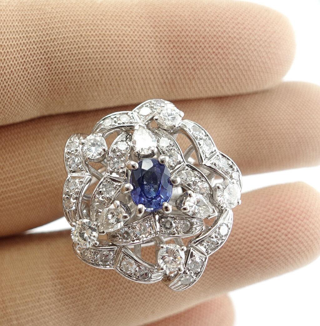 Diamond Sapphire Ring 14K White Gold Cocktail Vintage For Sale 3