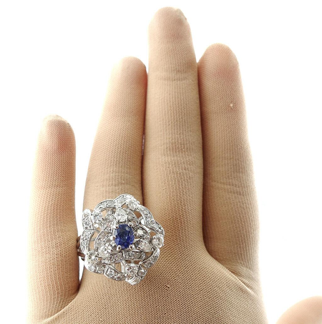 Diamond Sapphire Ring 14K White Gold Cocktail Vintage For Sale 4