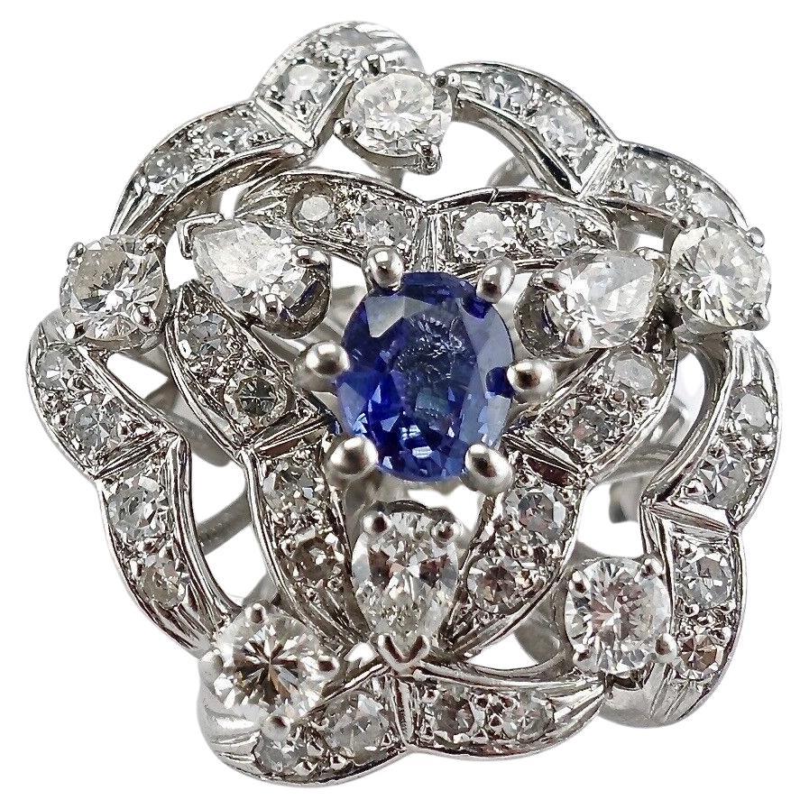 Diamond Sapphire Ring 14K White Gold Cocktail Vintage For Sale