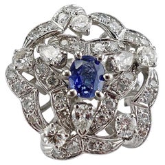 Diamond Sapphire Ring 14K White Gold Cocktail Vintage