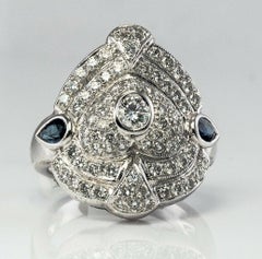 Diamond Sapphire Ring 14K White Gold Shield Cocktail