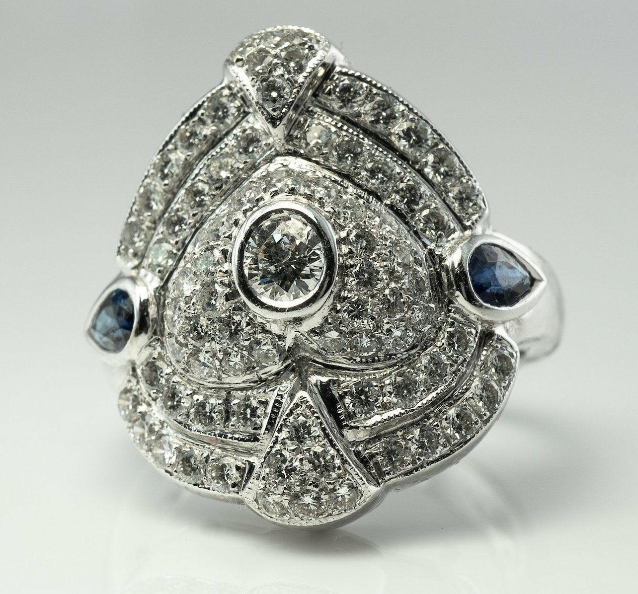 Diamond Sapphire Ring 14K White Gold Shield Cocktail In Good Condition For Sale In East Brunswick, NJ