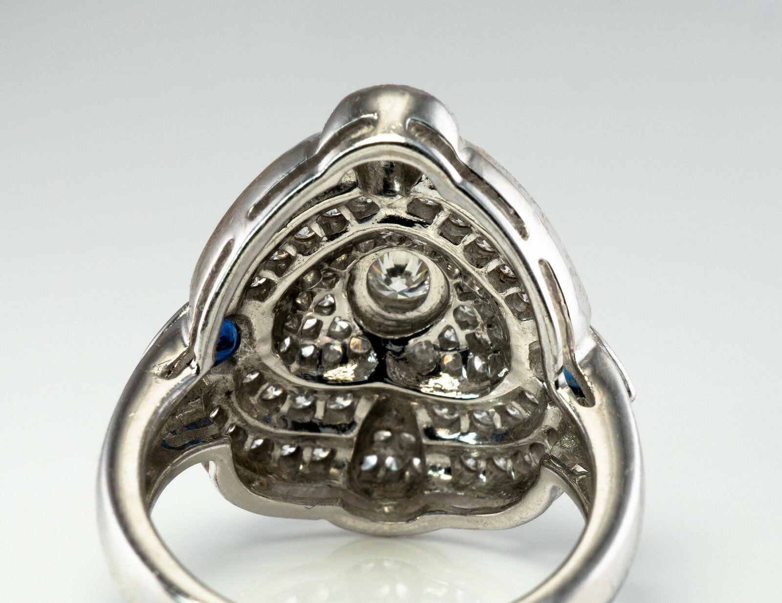 Women's Diamond Sapphire Ring 14K White Gold Shield Cocktail For Sale