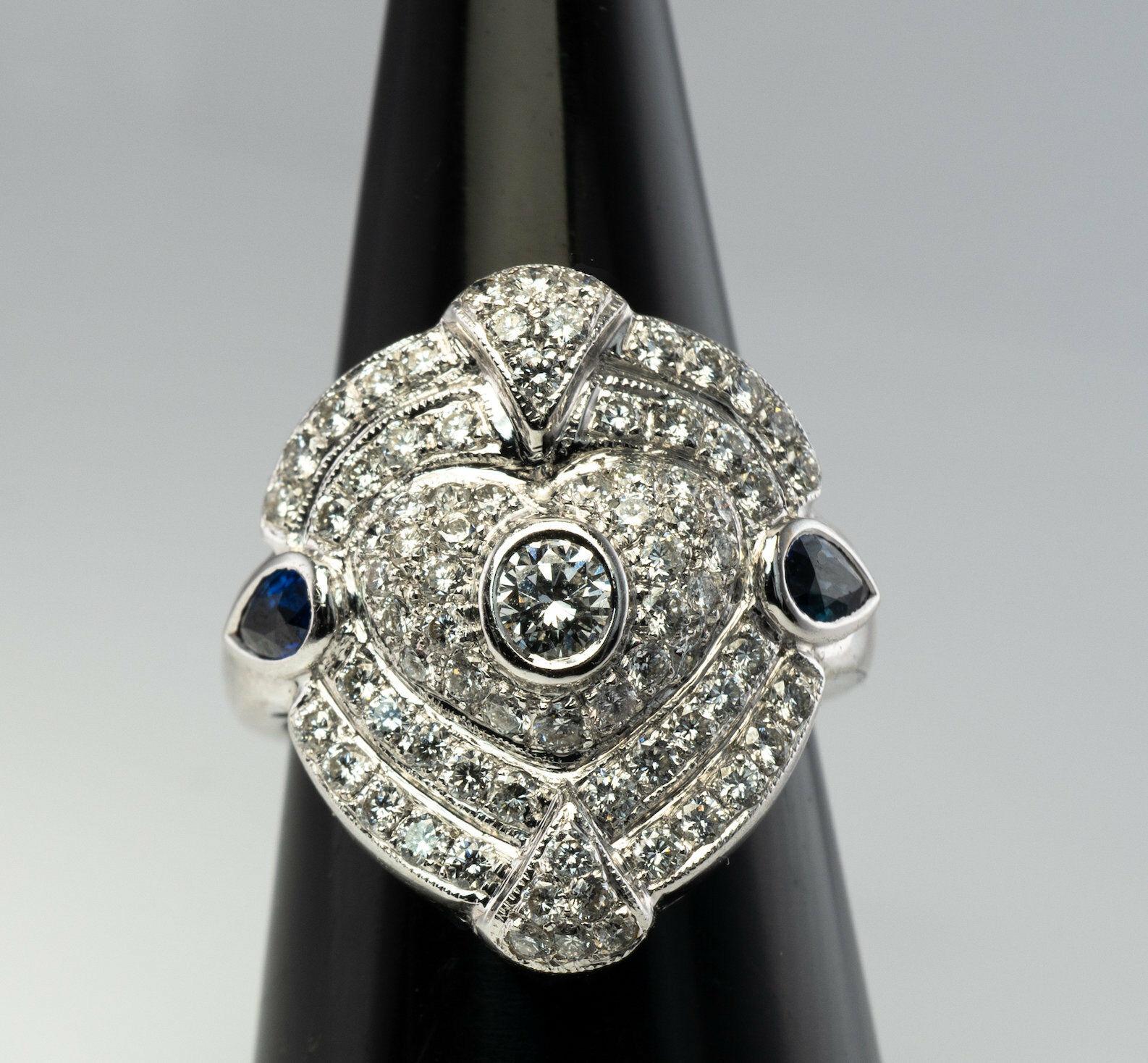 Diamond Sapphire Ring 14K White Gold Shield Cocktail For Sale 1