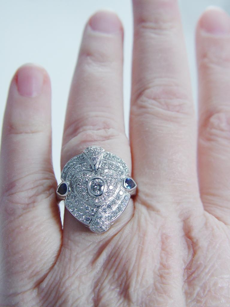 Diamond Sapphire Ring 14K White Gold Shield Cocktail For Sale 2