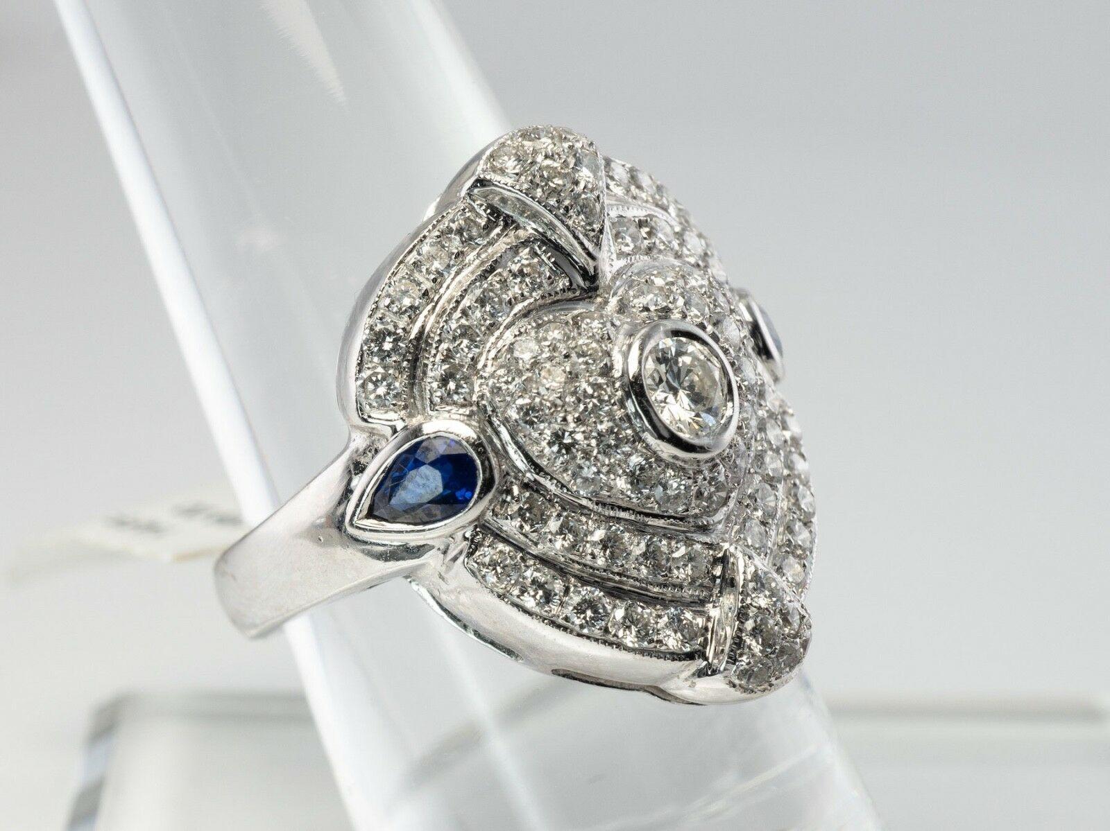 Diamond Sapphire Ring 14K White Gold Shield Cocktail For Sale 3