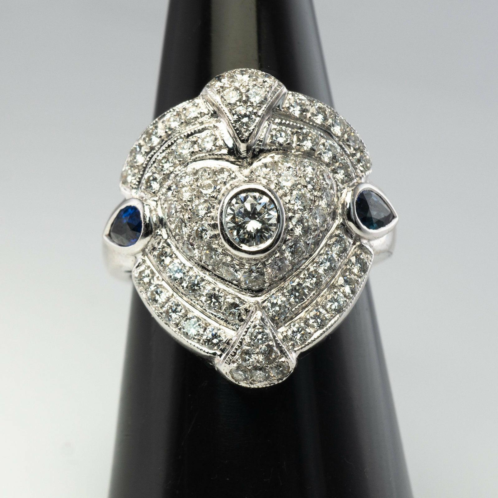 Diamond Sapphire Ring 14K White Gold Shield Cocktail For Sale 4