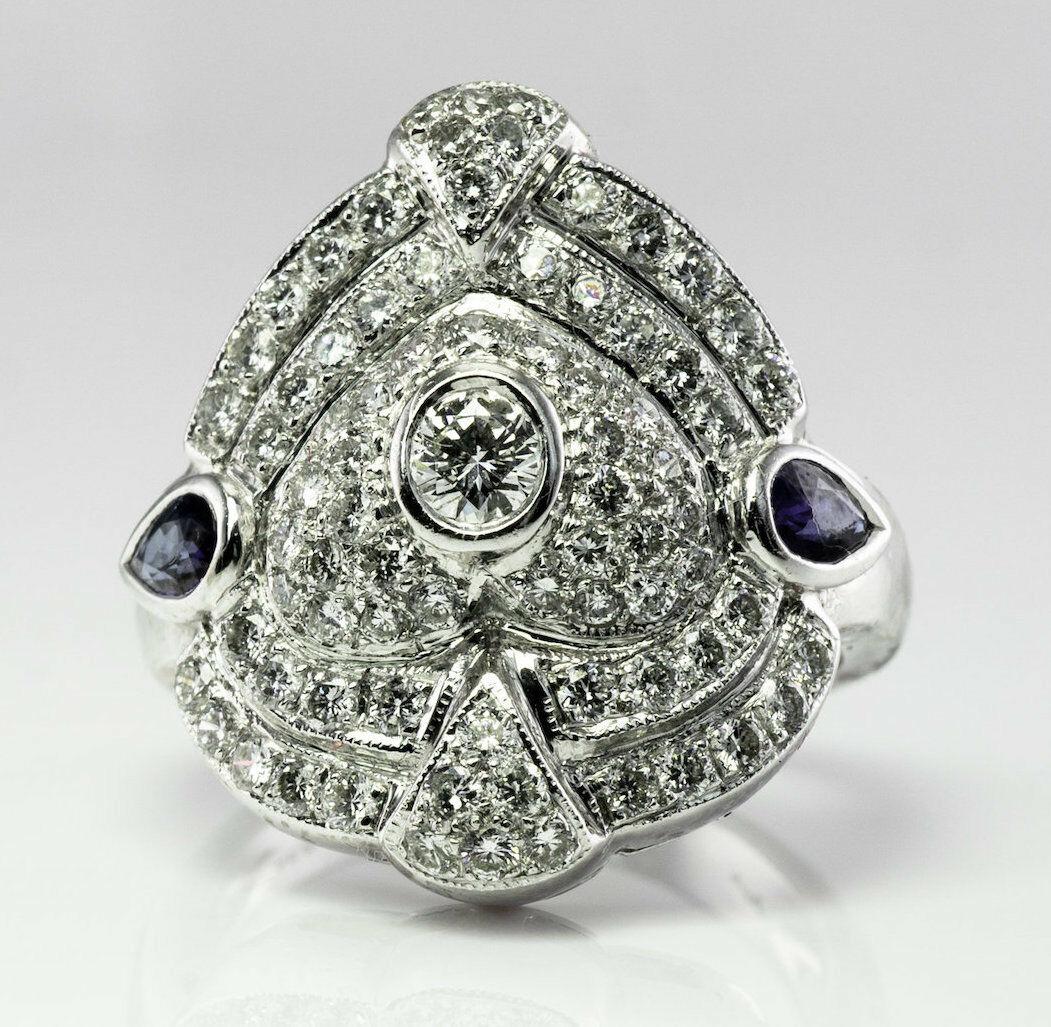 Round Cut Diamond Sapphire Ring 14K White Gold Shield For Sale