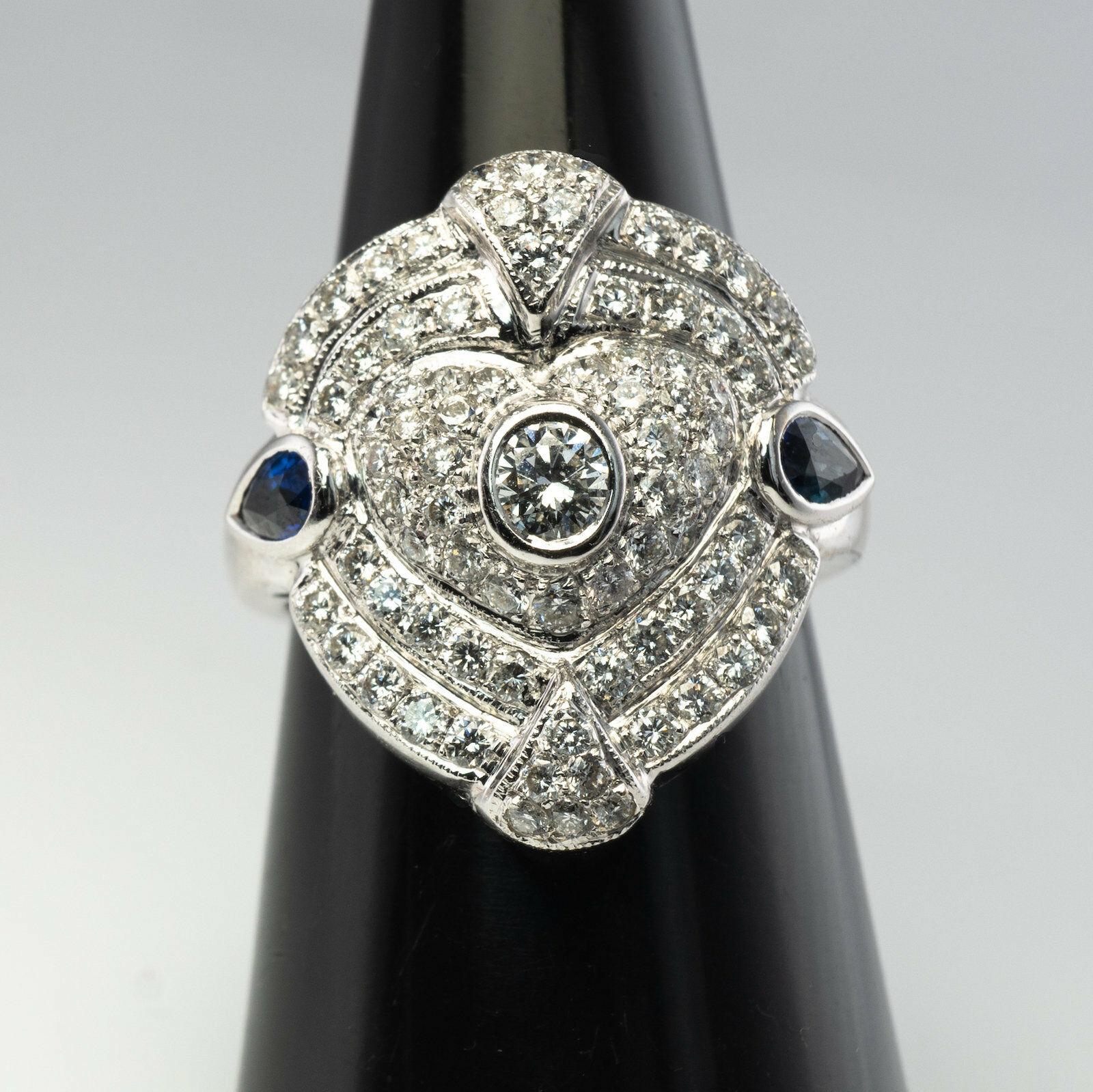 Diamond Sapphire Ring 14K White Gold Shield For Sale 4