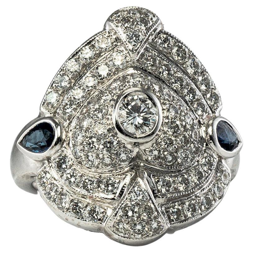 Diamond Sapphire Ring 14K White Gold Shield For Sale