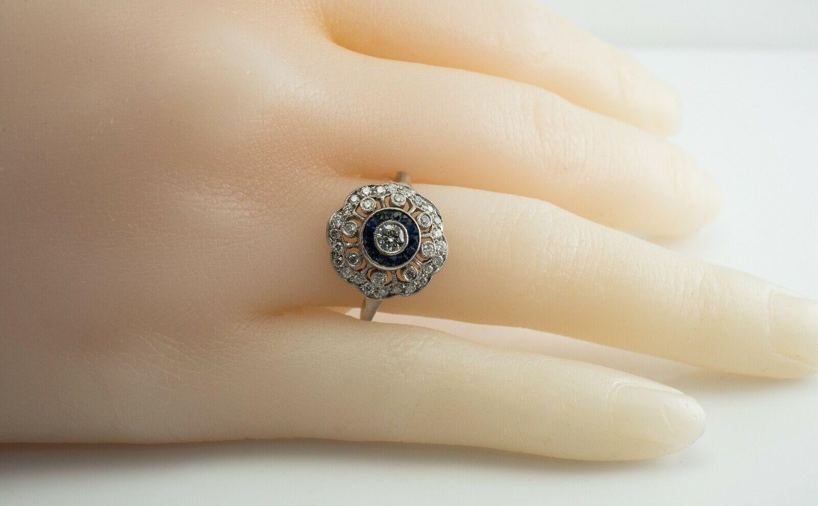 Round Cut Diamond Sapphire Ring 14K White Gold Vintage For Sale