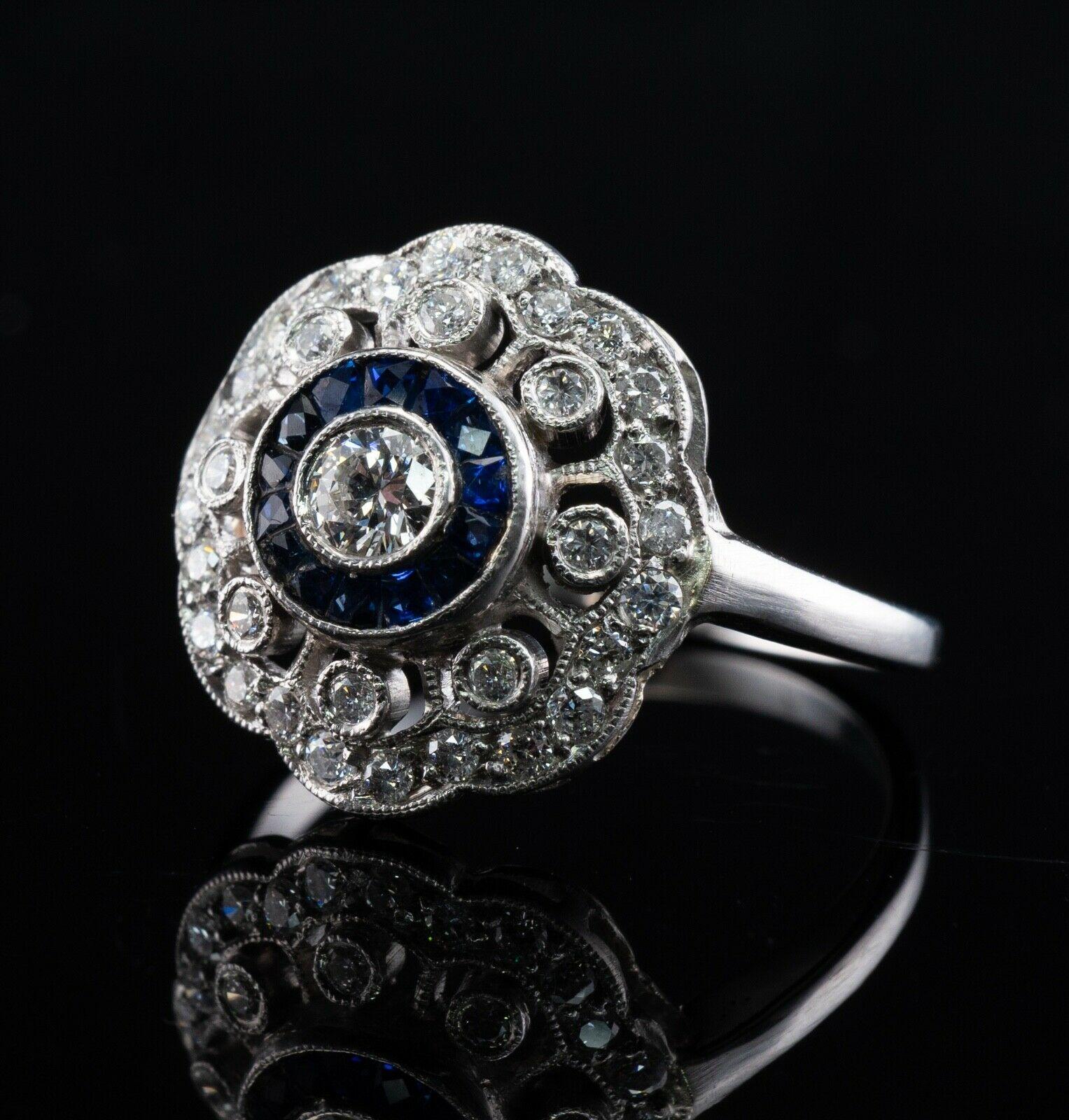 Women's Diamond Sapphire Ring 14K White Gold Vintage For Sale