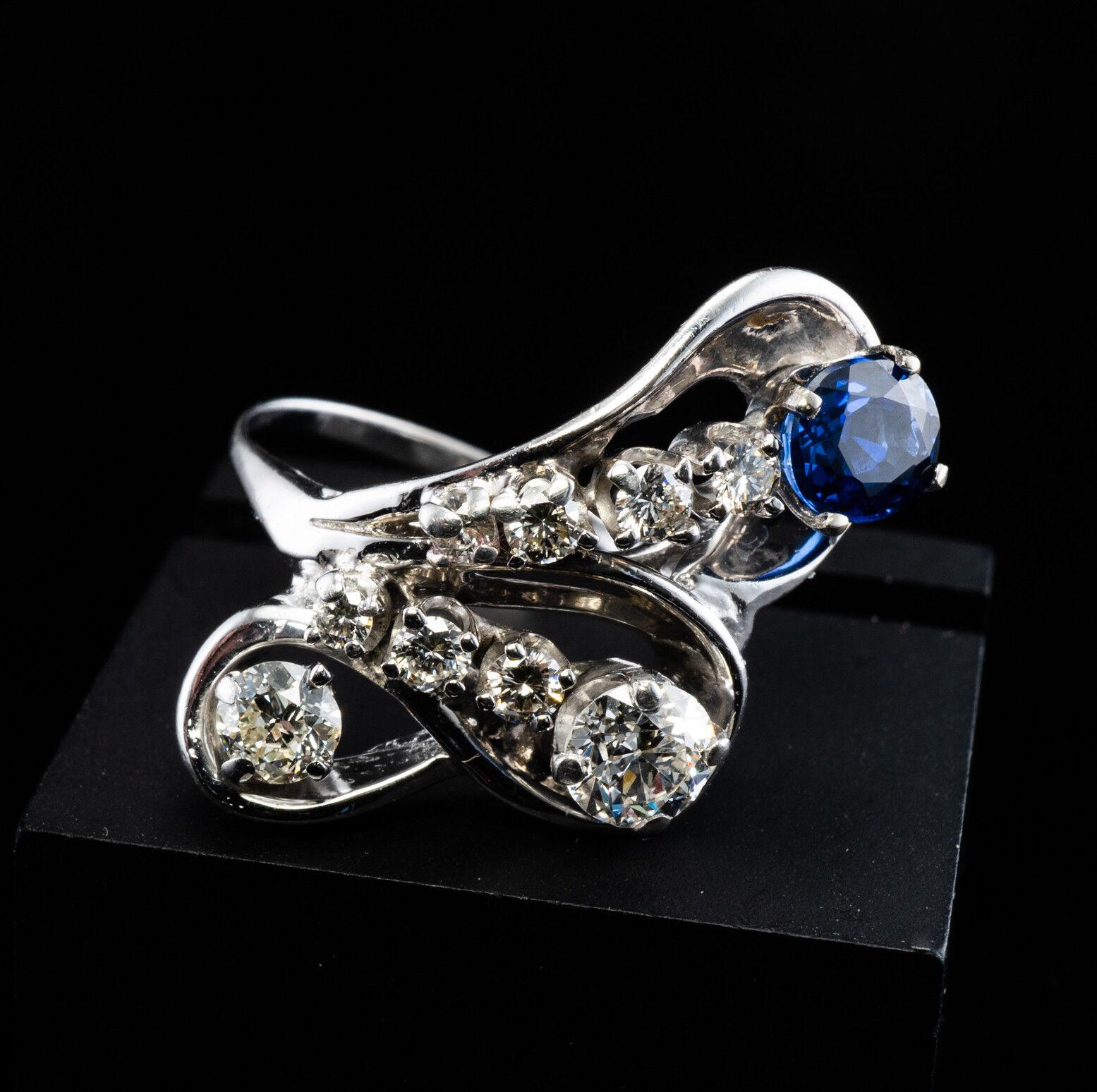 Women's Natural Diamond Sapphire Ring 14K White Gold Vintage For Sale