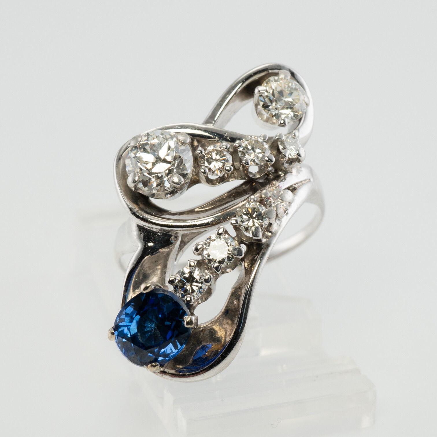 Natural Diamond Sapphire Ring 14K White Gold Vintage For Sale 2