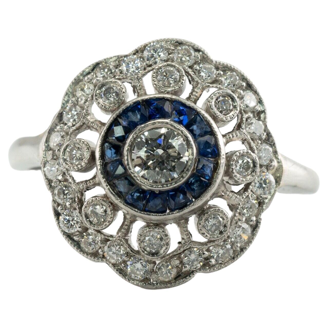Diamond Sapphire Ring 14K White Gold Vintage For Sale