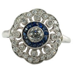 Diamond Sapphire Ring 14K White Gold Antique