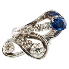 Diamond Sapphire Ring 14K White Gold Retro