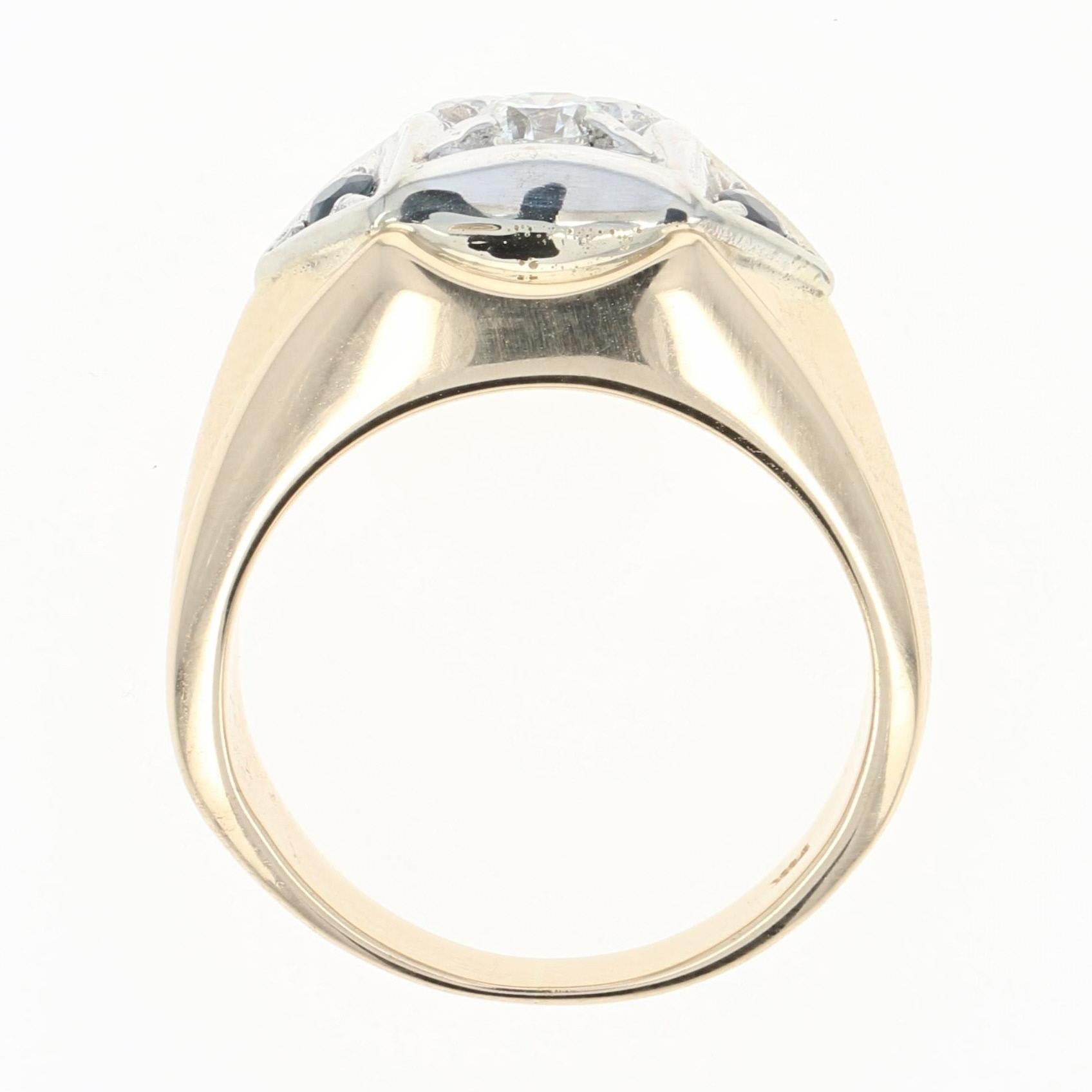 Diamond and Sapphire Ring, 14 Karat Yellow Gold Men's Round Cut .54 Carat 2