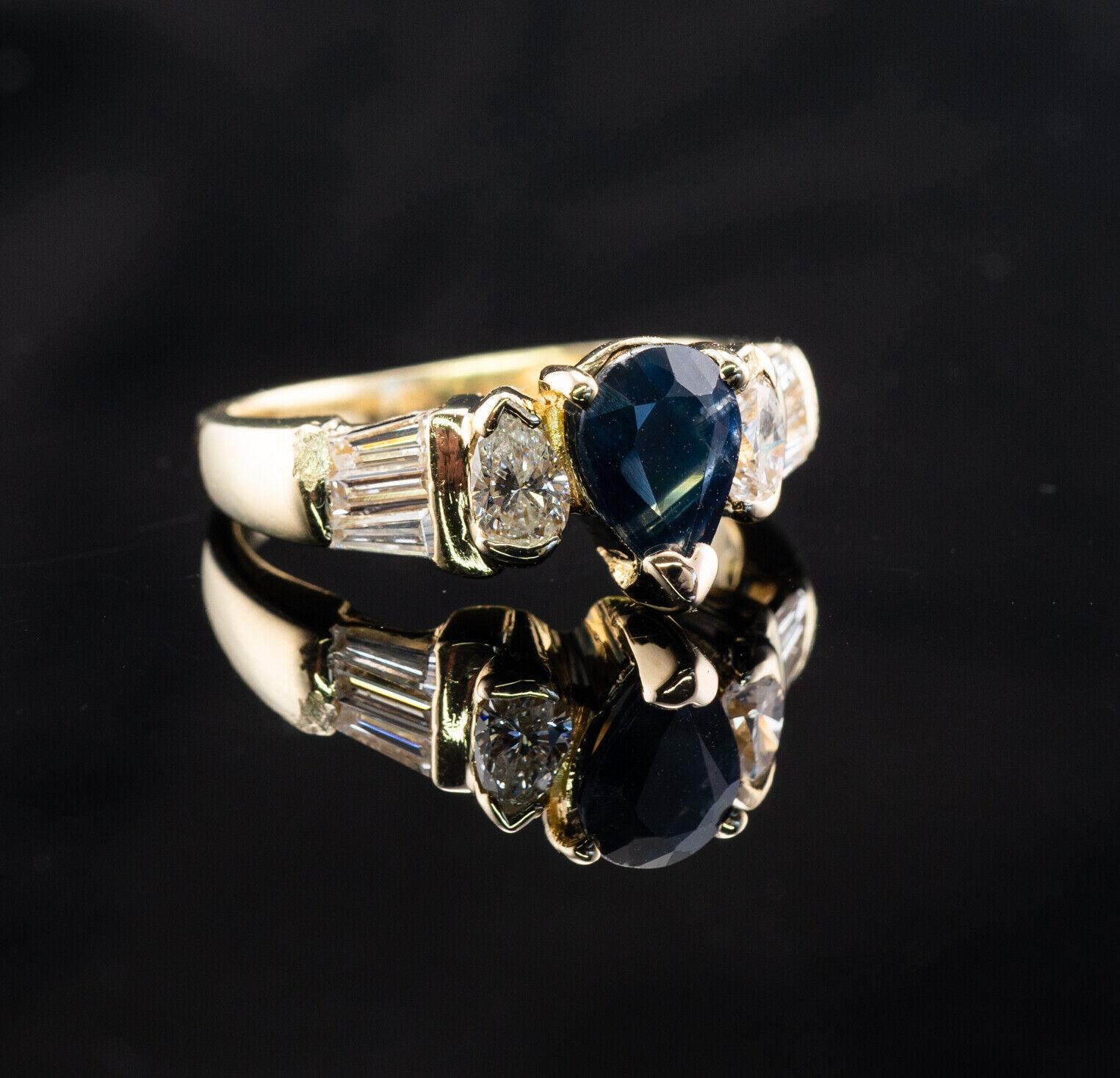 Pear Cut Diamond Sapphire Ring 18K Gold Band Vintage For Sale