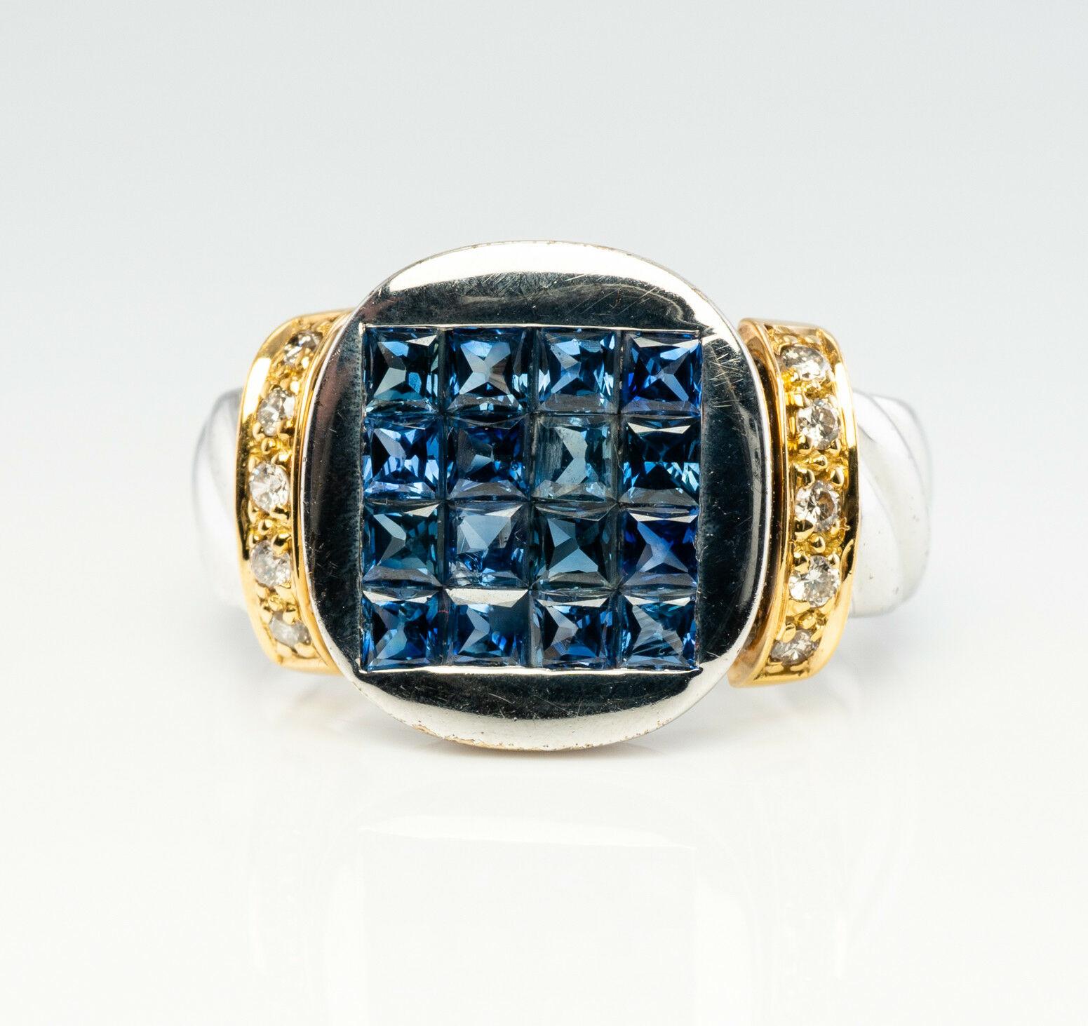 This wonderful piece of estate jewelry is crafted in solid 18K white gold with yellow gold accent. The center presentation is set with 16 square cut genuine Earth mined Sapphires measuring 2mm. The total weight for those clean and transparent gems
