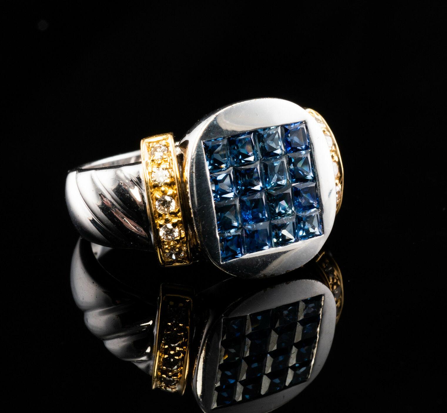 Taille carrée Bague en or blanc 18 carats avec diamant et saphirs en vente