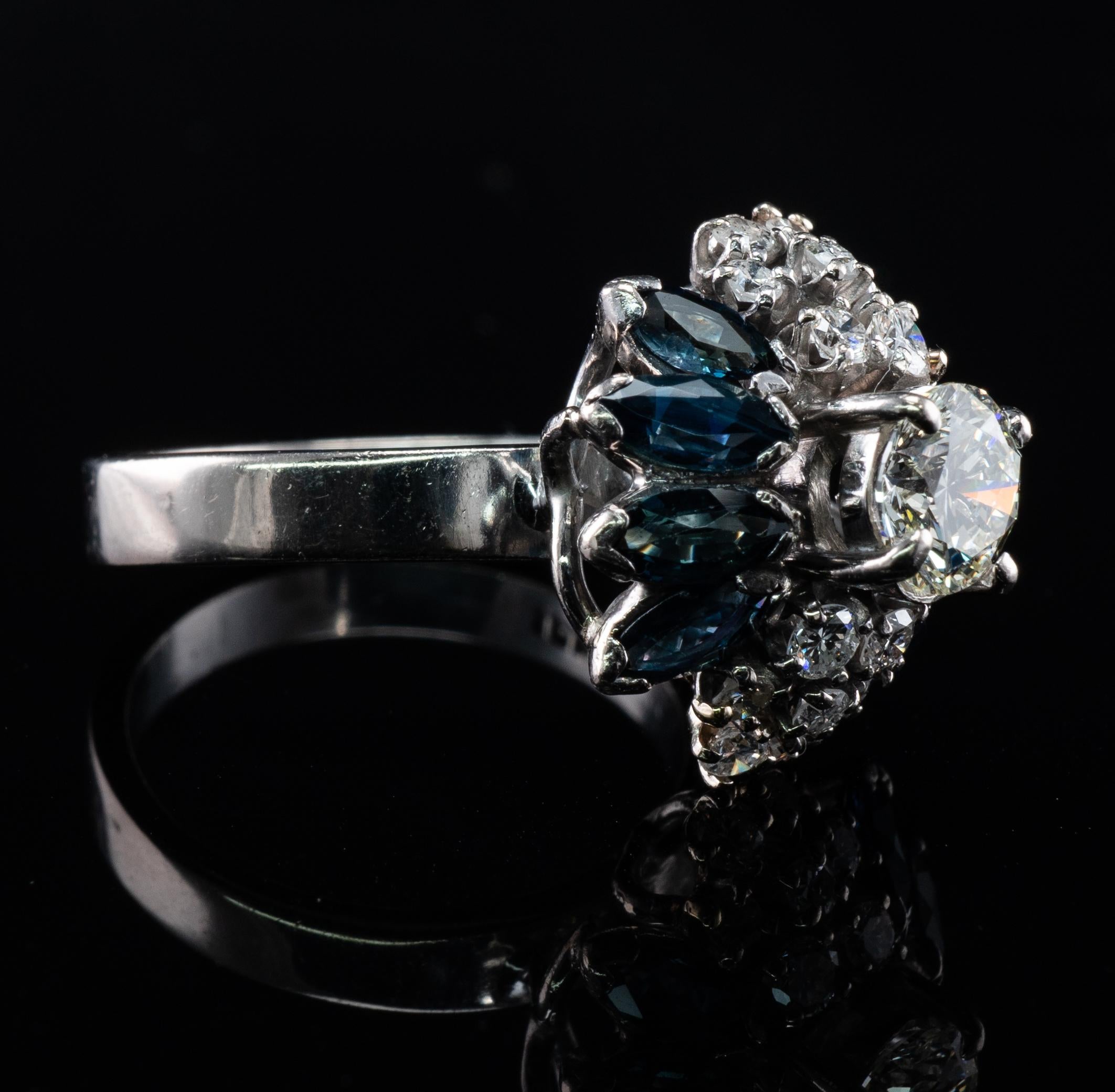 Diamond Sapphire Ring 18K White Gold Vintage .90ct center For Sale 6