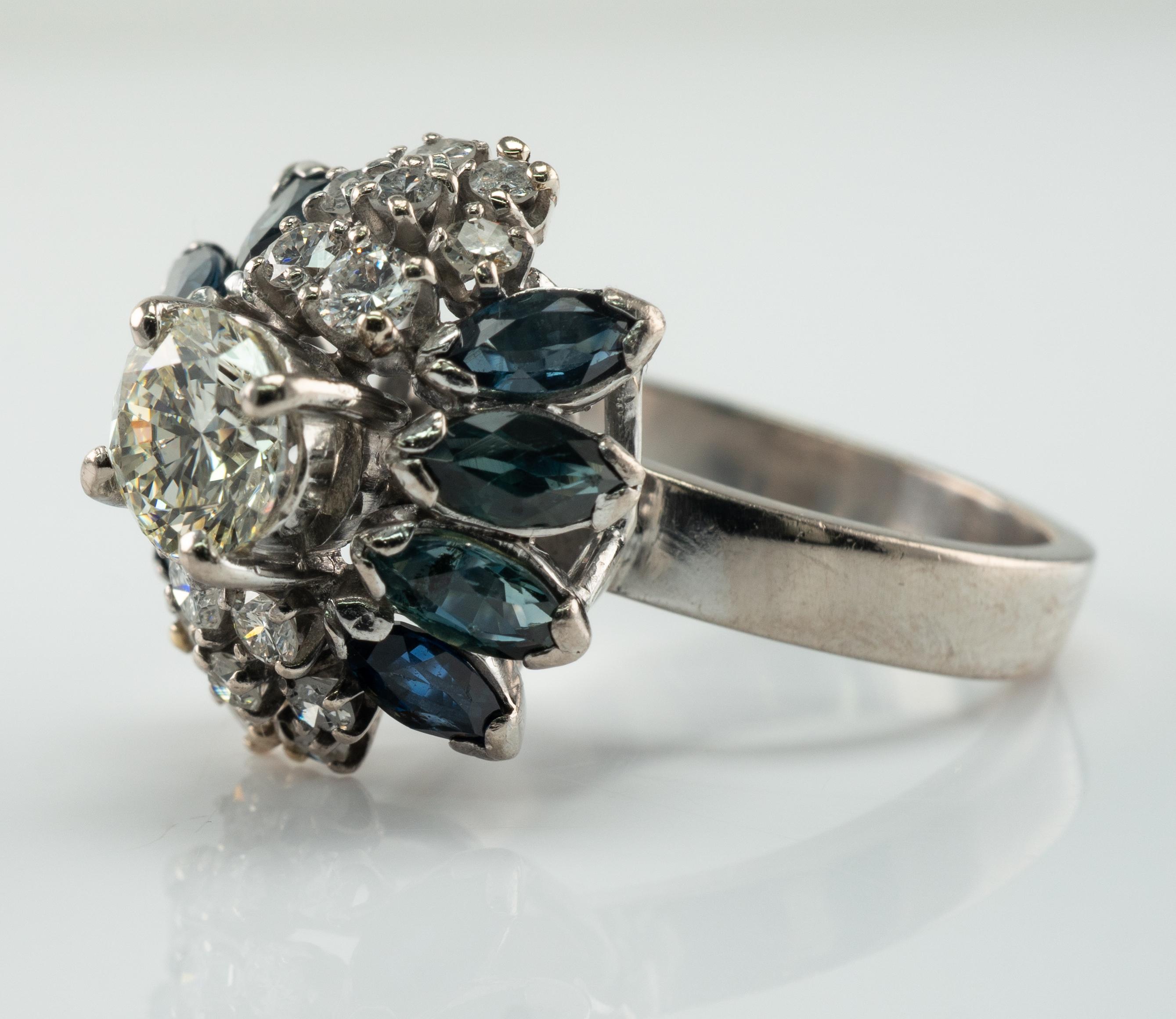 Diamond Sapphire Ring 18K White Gold Vintage .90ct center In Good Condition For Sale In East Brunswick, NJ