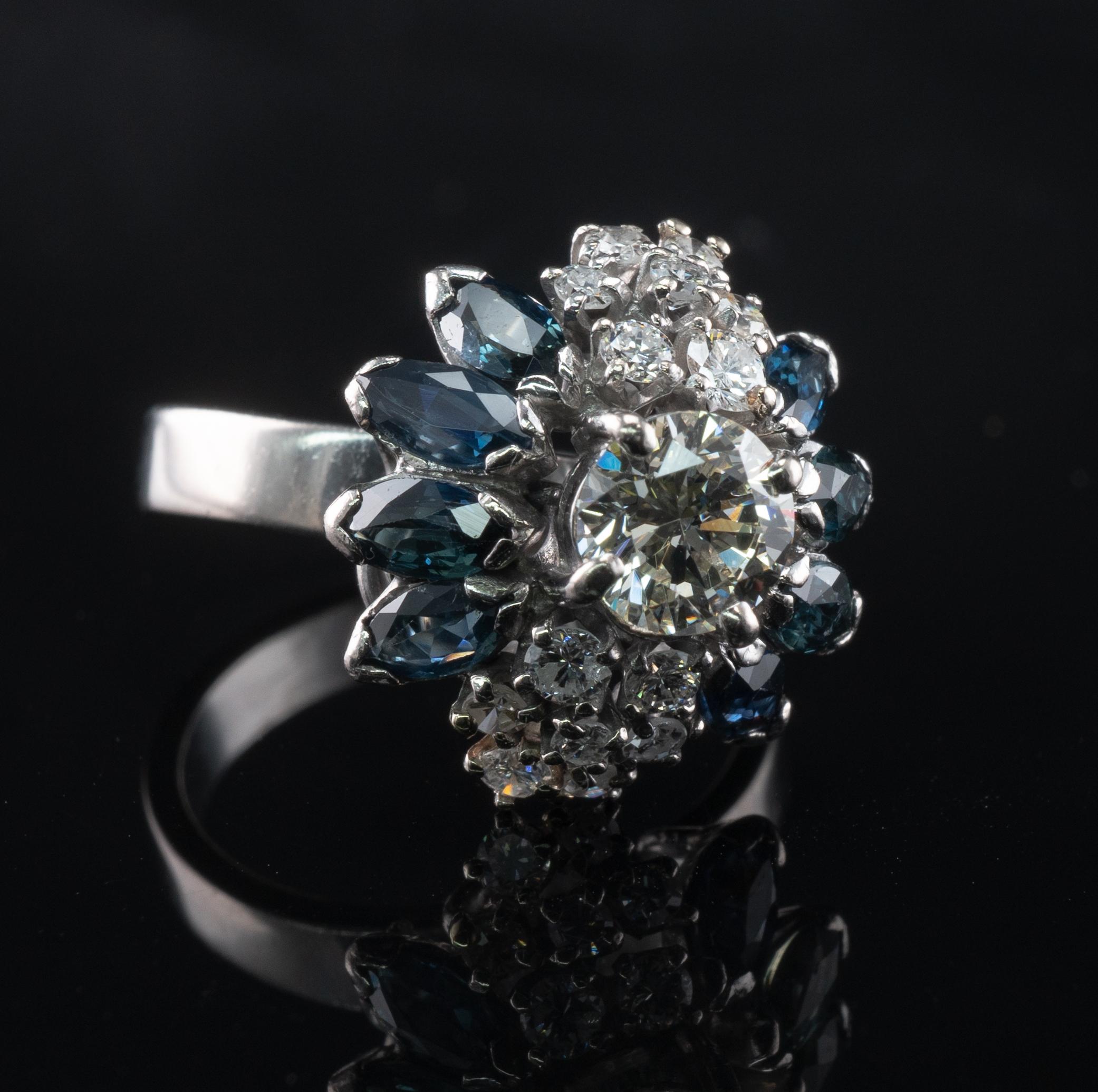 Diamond Sapphire Ring 18K White Gold Vintage .90ct center For Sale 1