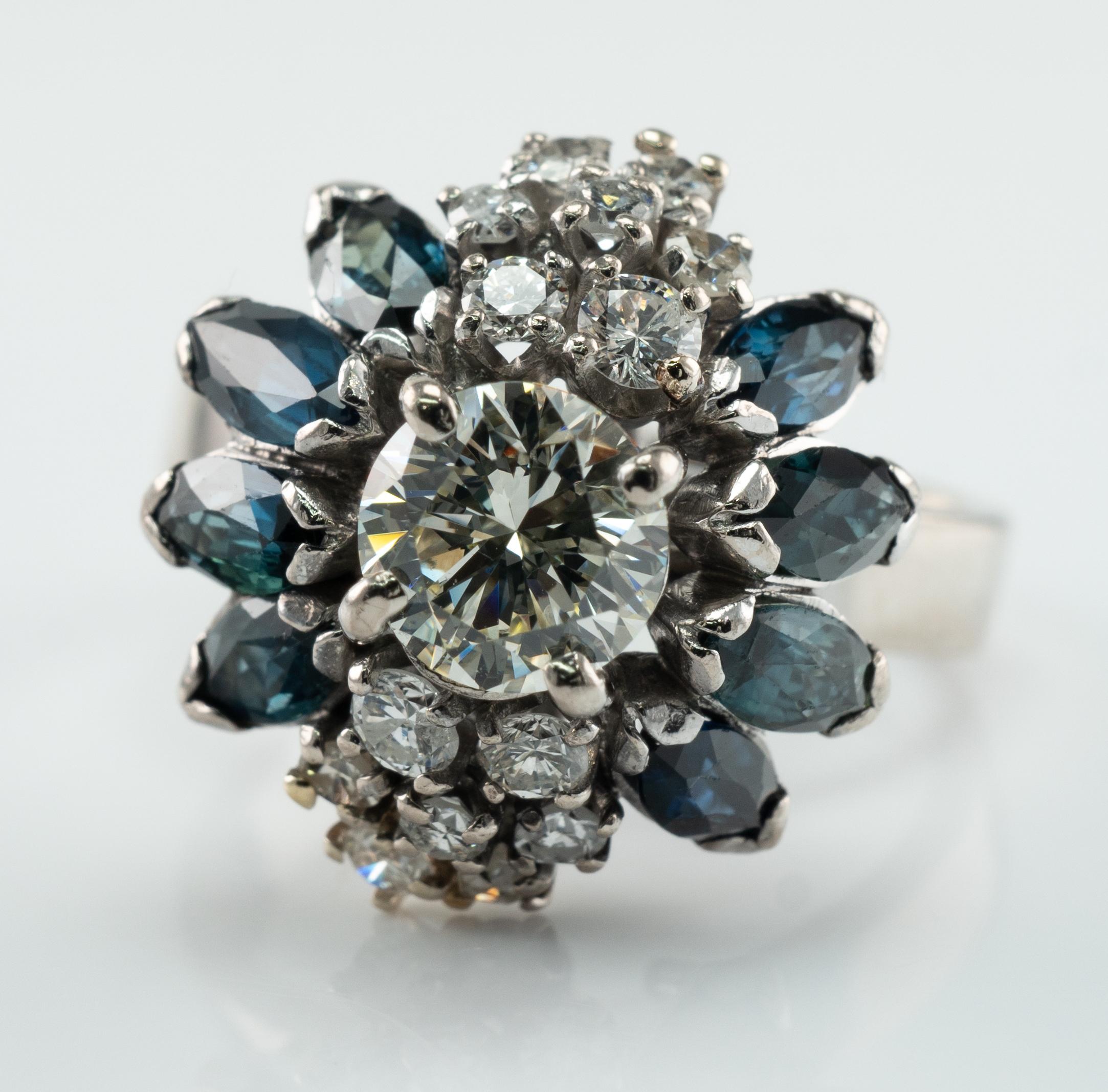 Diamond Sapphire Ring 18K White Gold Vintage .90ct center For Sale 2