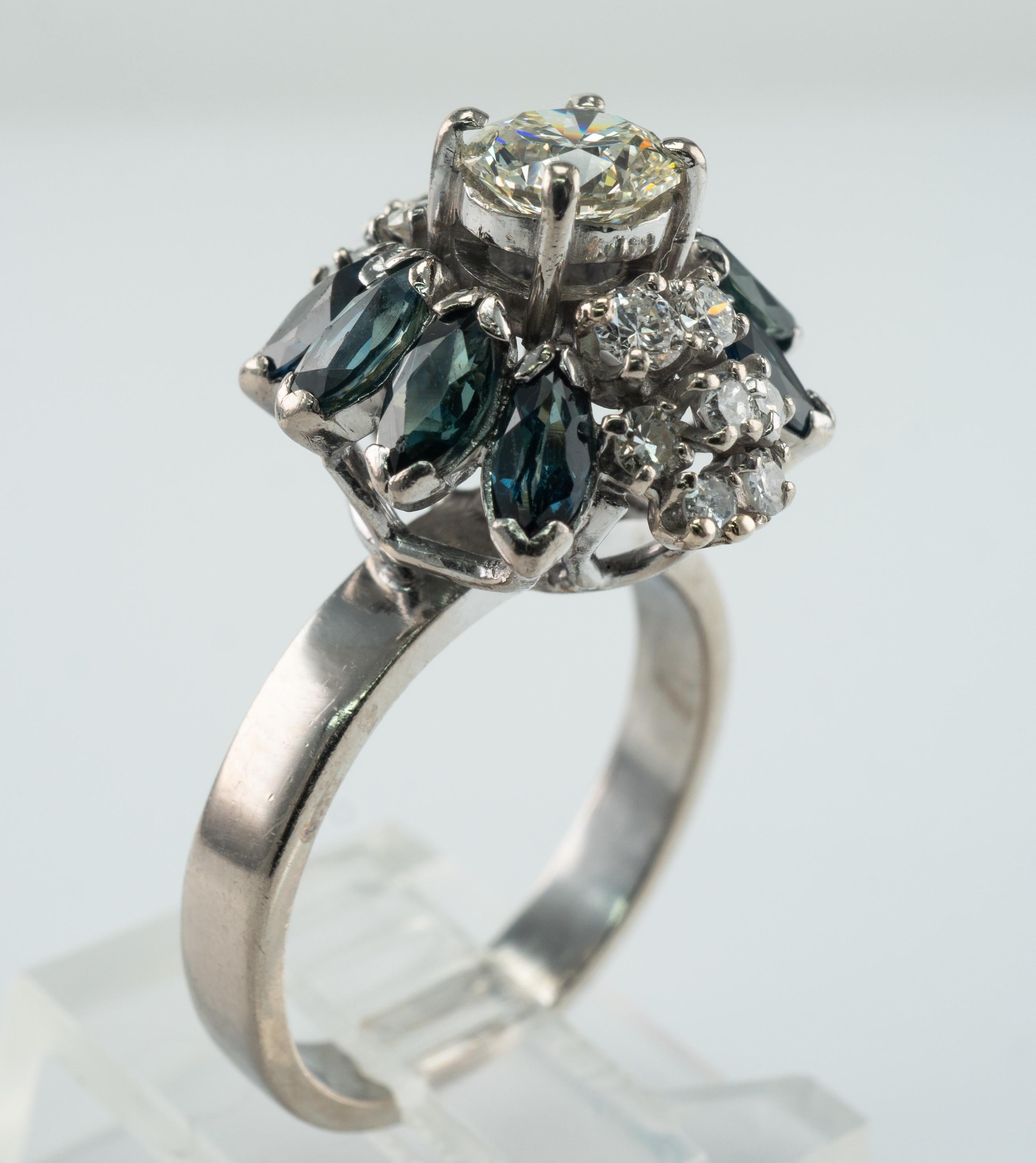 Diamond Sapphire Ring 18K White Gold Vintage .90ct center For Sale 3