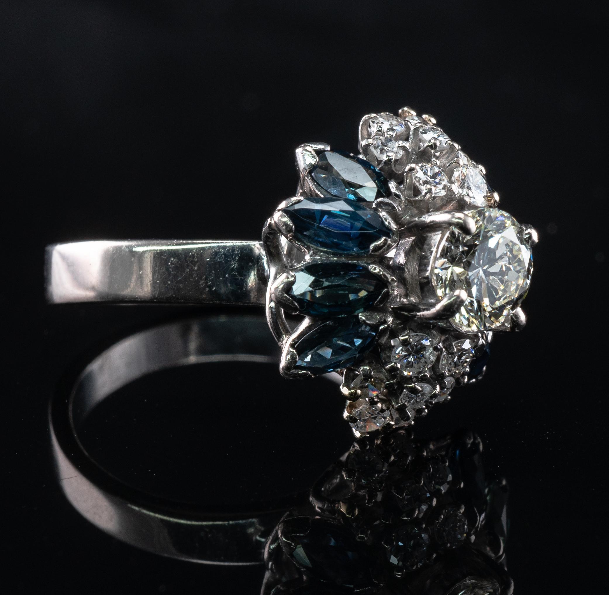 Diamond Sapphire Ring 18K White Gold Vintage .90ct center For Sale 4