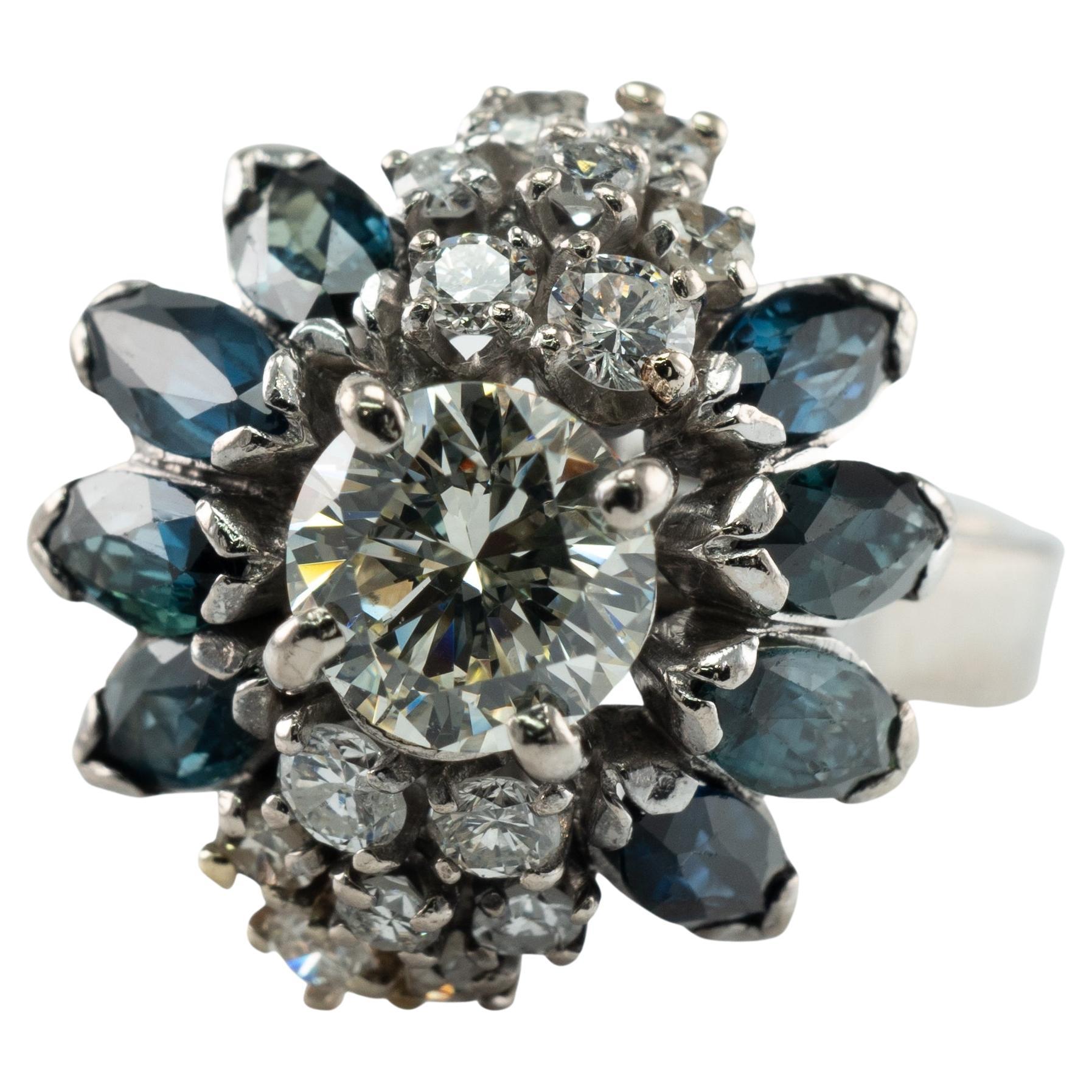 Diamond Sapphire Ring 18K White Gold Vintage .90ct center For Sale