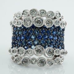 Diamond Sapphire Ring 18K White Gold Wide Band