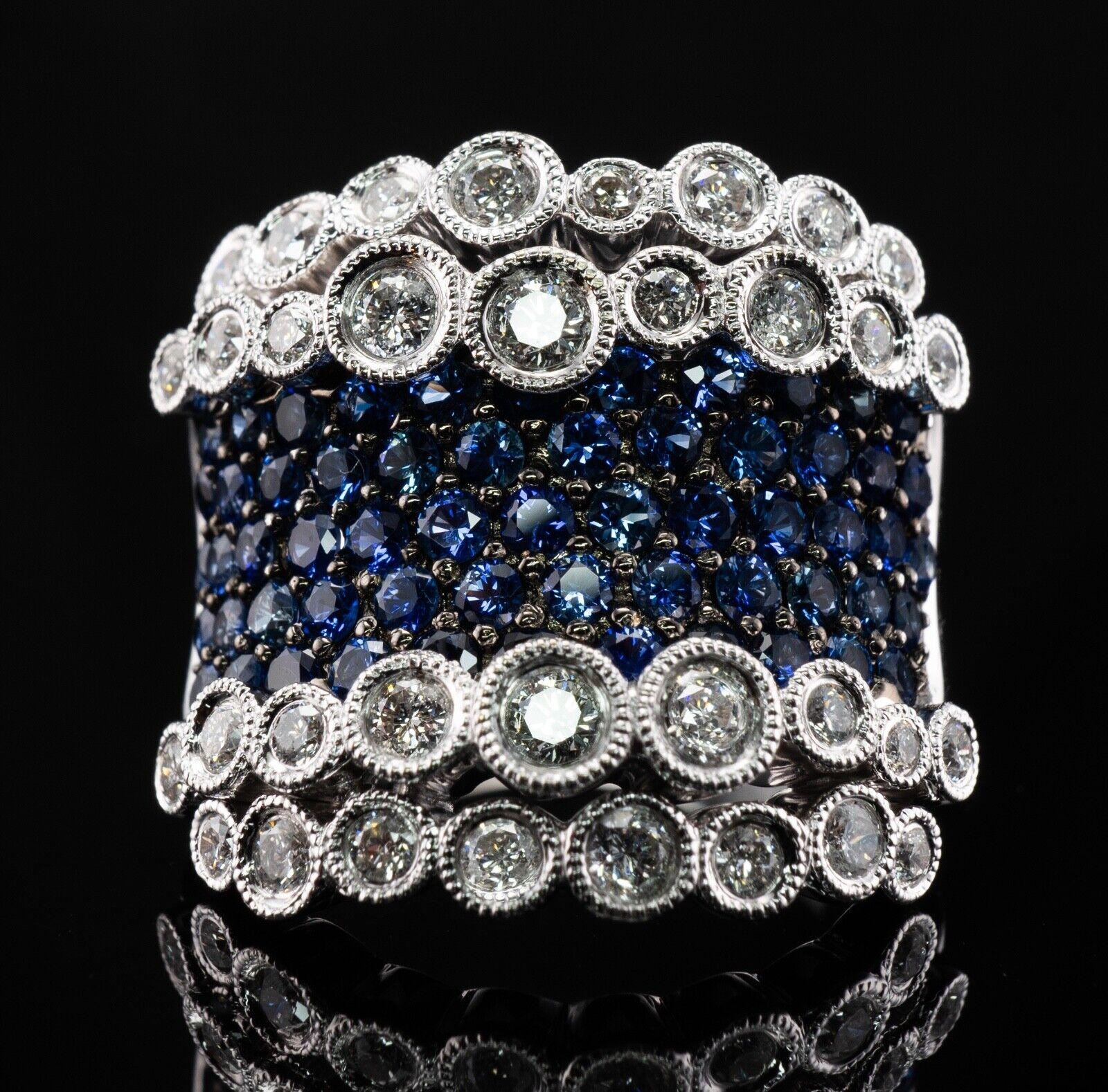 Diamond Sapphire Ring 18K White Gold Wide Band For Sale 4