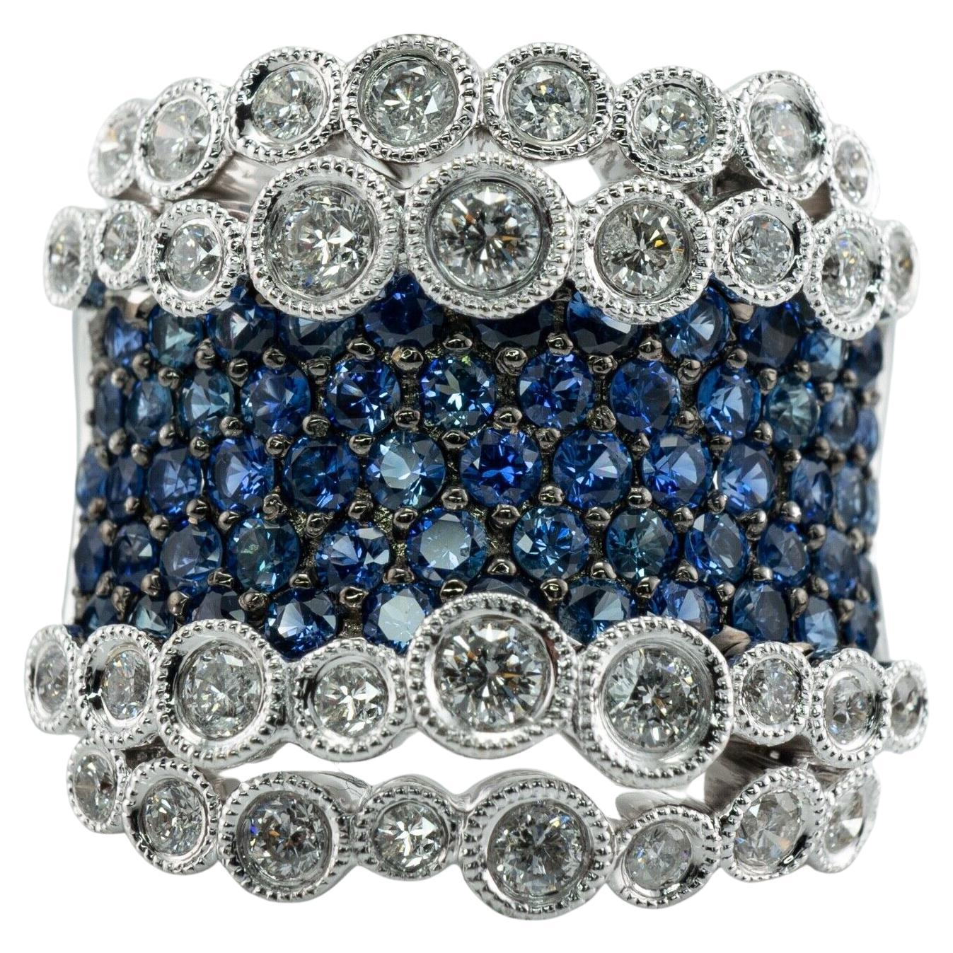 Diamond Sapphire Ring 18K White Gold Wide Band For Sale