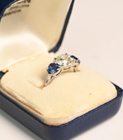 2 Carat Diamond and Sapphire Engagement Ring. Old Euro Diamond Ring Platinum