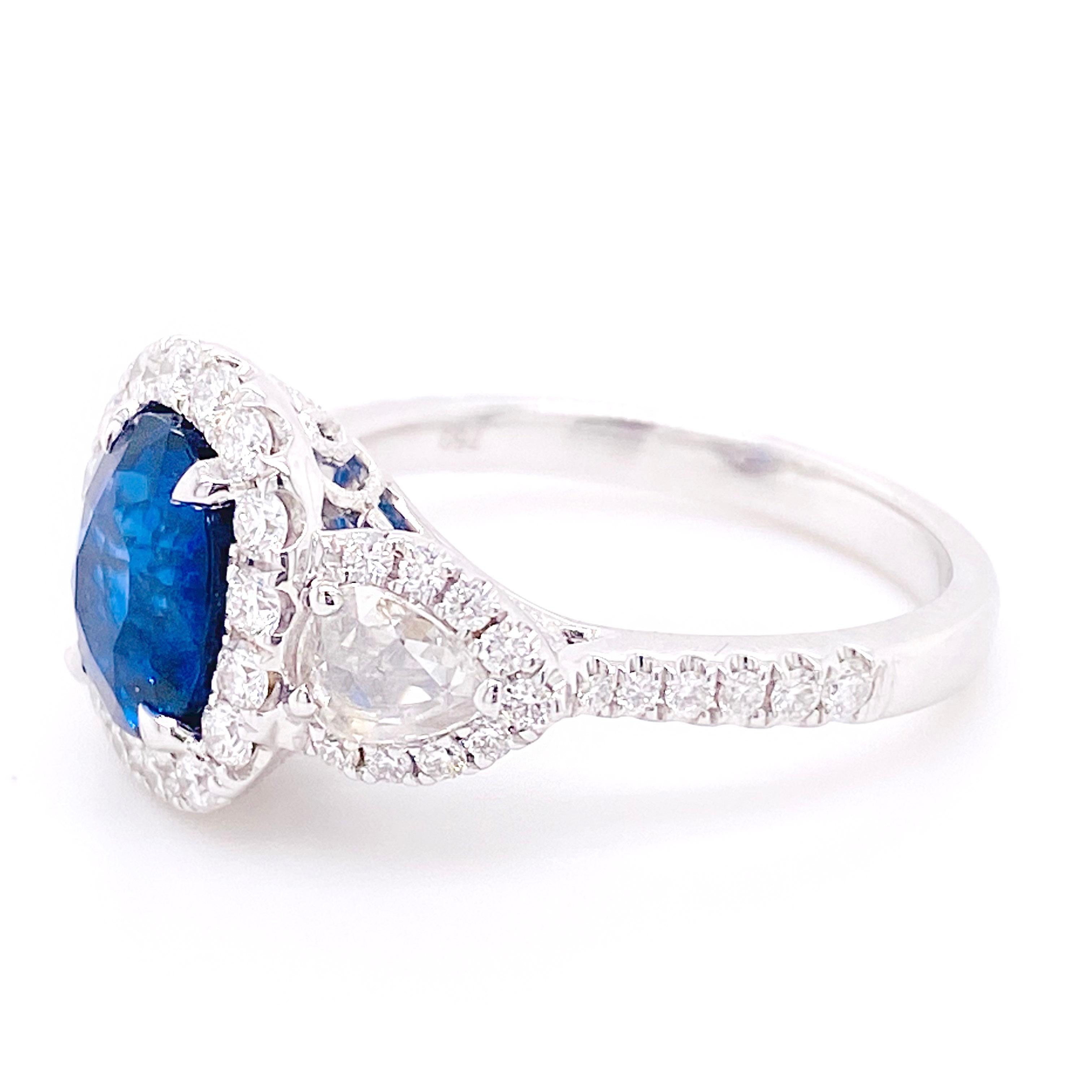 Diamond Sapphire Ring, 3.61 carat Sapphire, Diamond Halo Three Stone Style 2