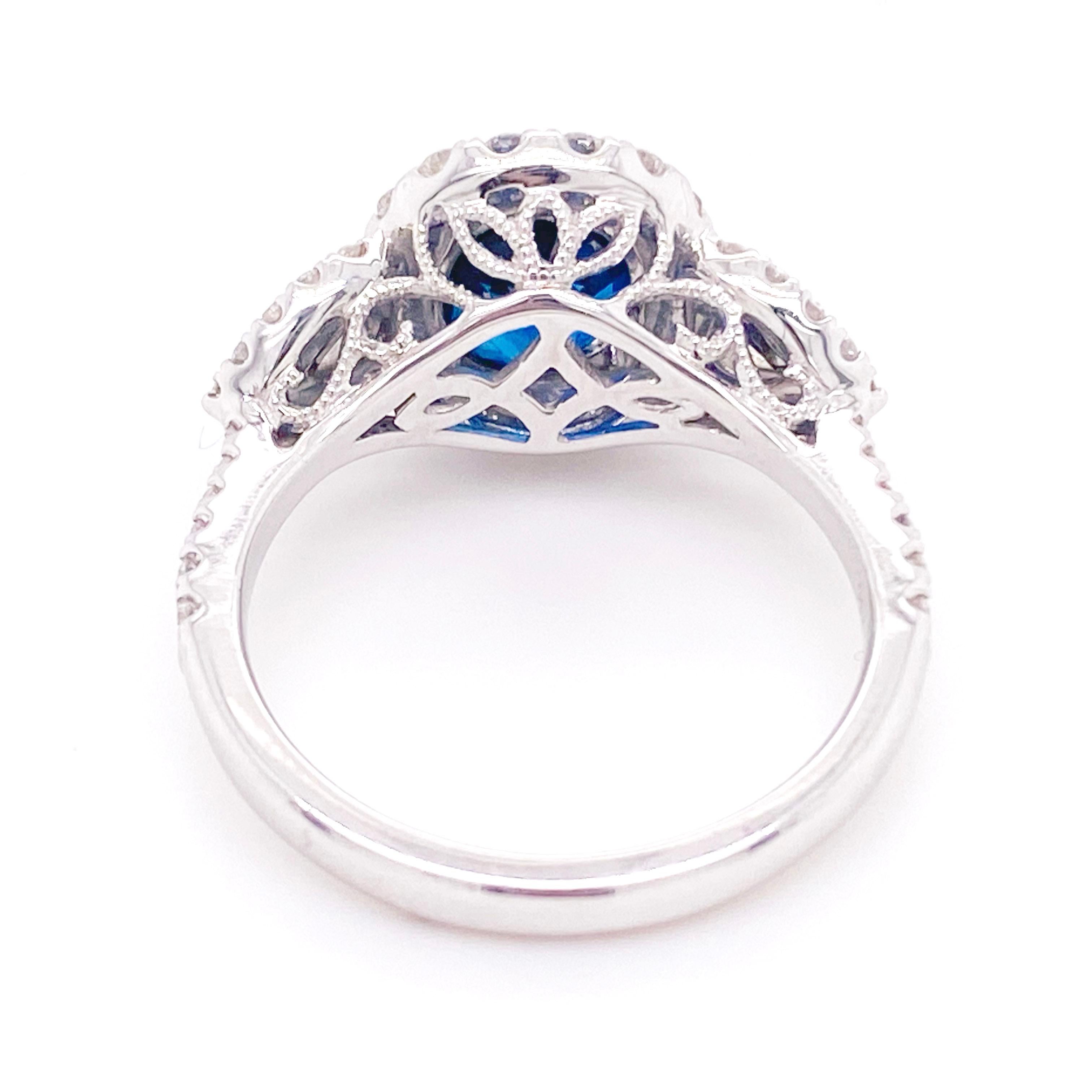 Diamond Sapphire Ring, 3.61 carat Sapphire, Diamond Halo Three Stone Style 3