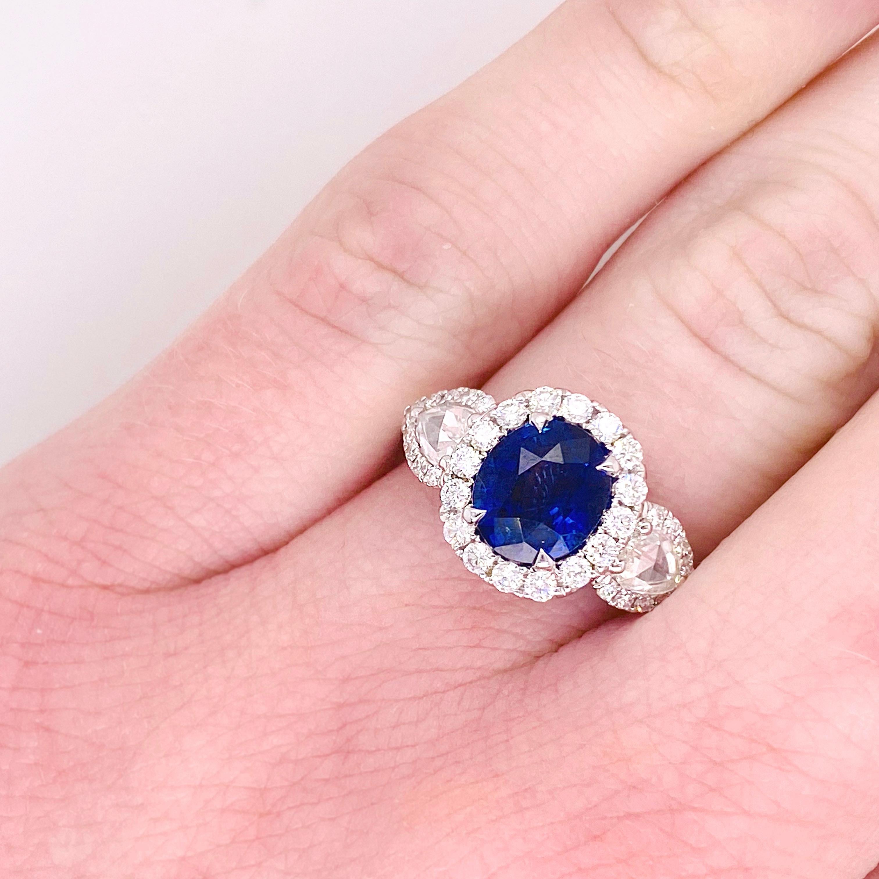 Diamond Sapphire Ring, 3.61 carat Sapphire, Diamond Halo Three Stone Style 4