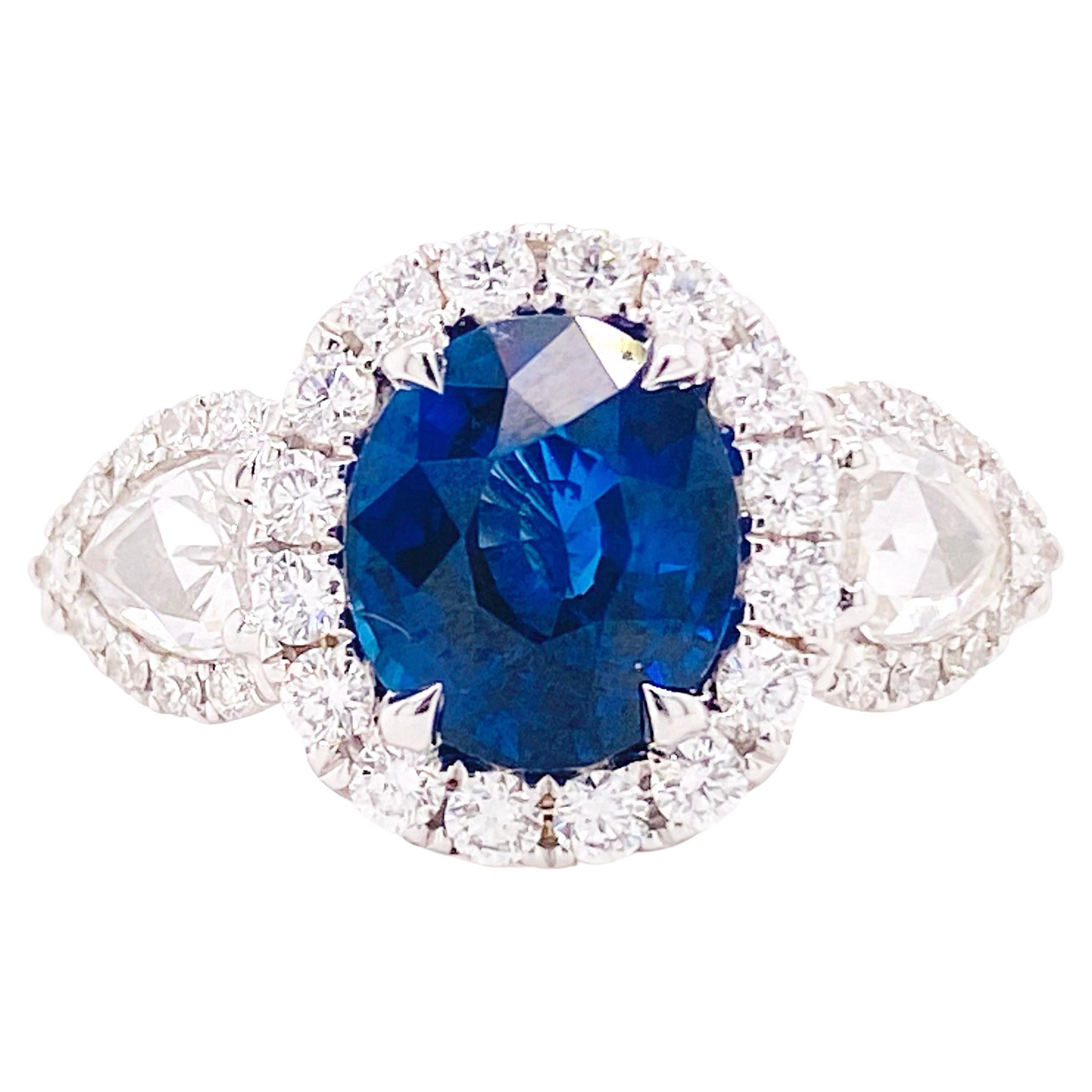 Diamond Sapphire Ring, 3.61 carat Sapphire, Diamond Halo Three Stone Style