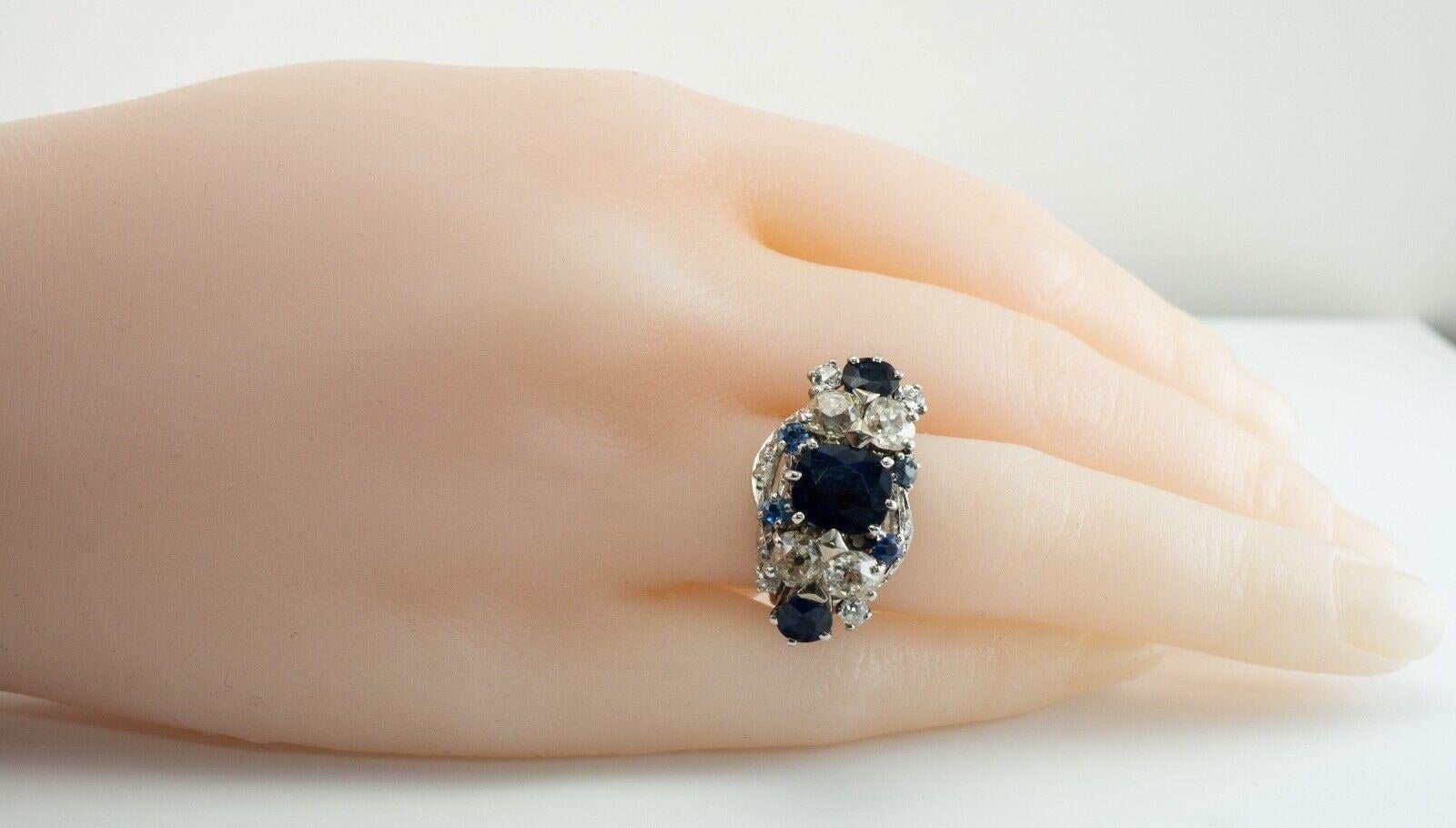 Women's Diamond Sapphire Ring Cluster Vinatge 18K White Gold Estate For Sale