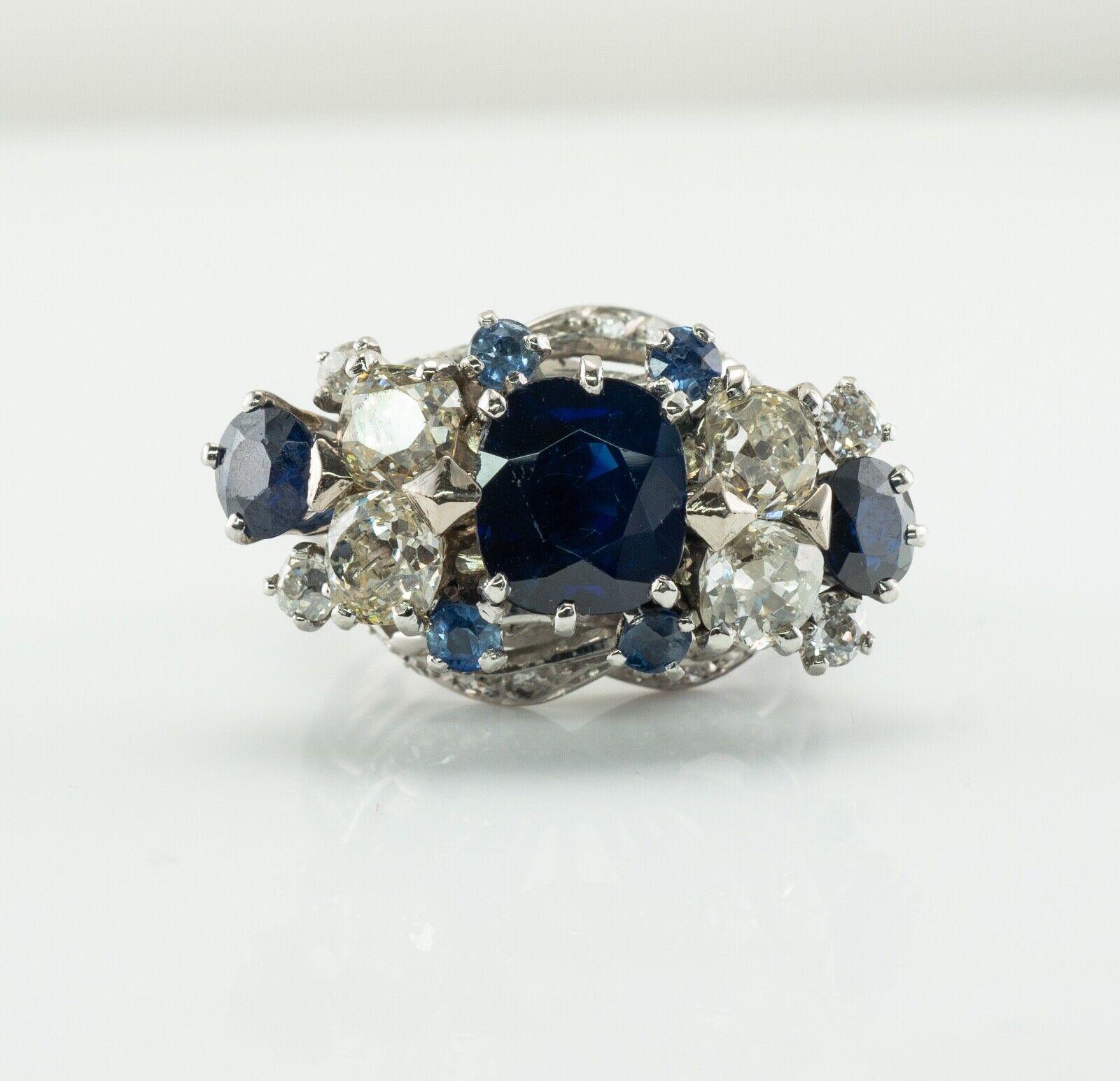 Diamond Sapphire Ring Cluster Vinatge 18K White Gold Estate For Sale 1