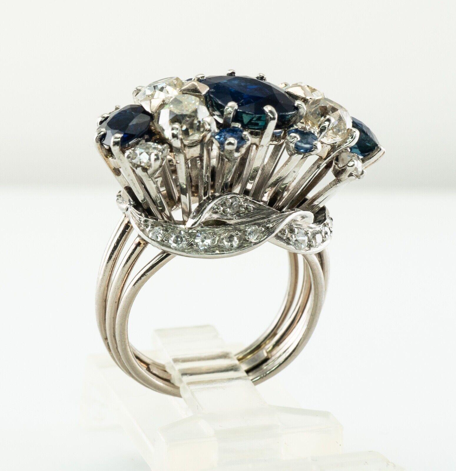 Diamond Sapphire Ring Cluster Vinatge 18K White Gold Estate For Sale 2