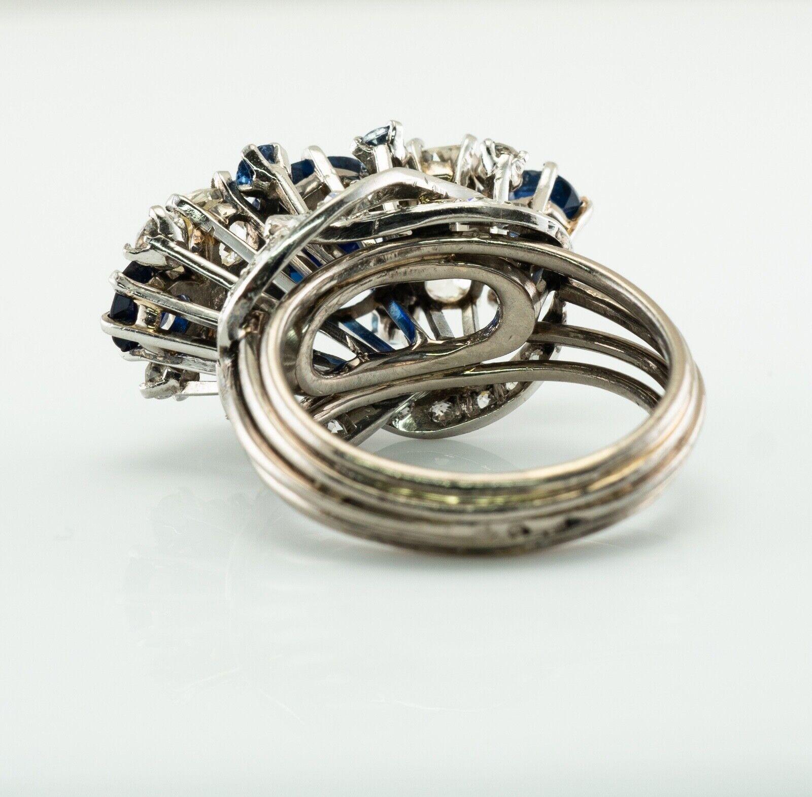 Diamond Sapphire Ring Cluster Vinatge 18K White Gold Estate For Sale 4