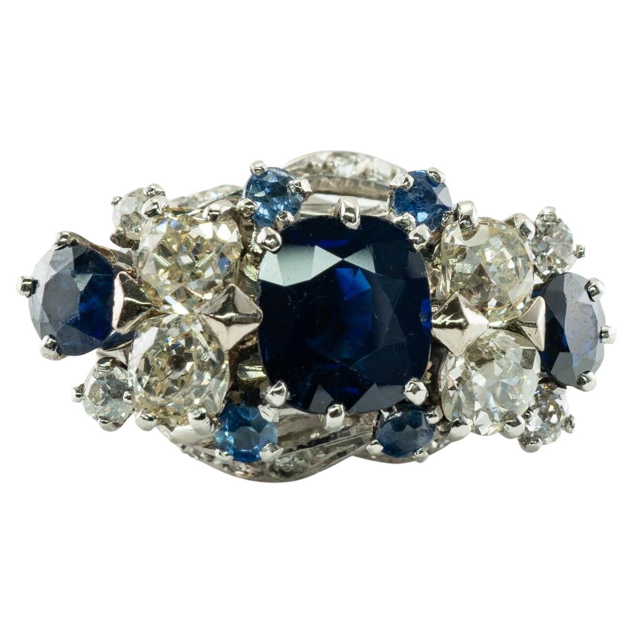 Diamond Sapphire Ring Cluster Vinatge 18K White Gold Estate For Sale